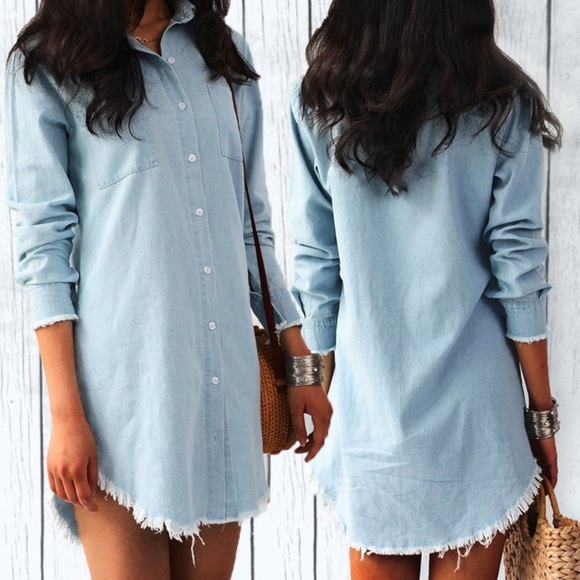 NEW Distressed Denim Button Up Tunic Dress - Picture 2 of 2
